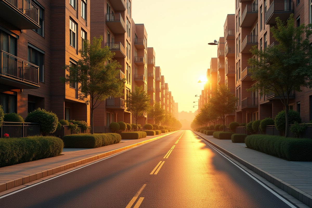 Rue résidentielle calme au lever du soleil avec bâtiments et ombres