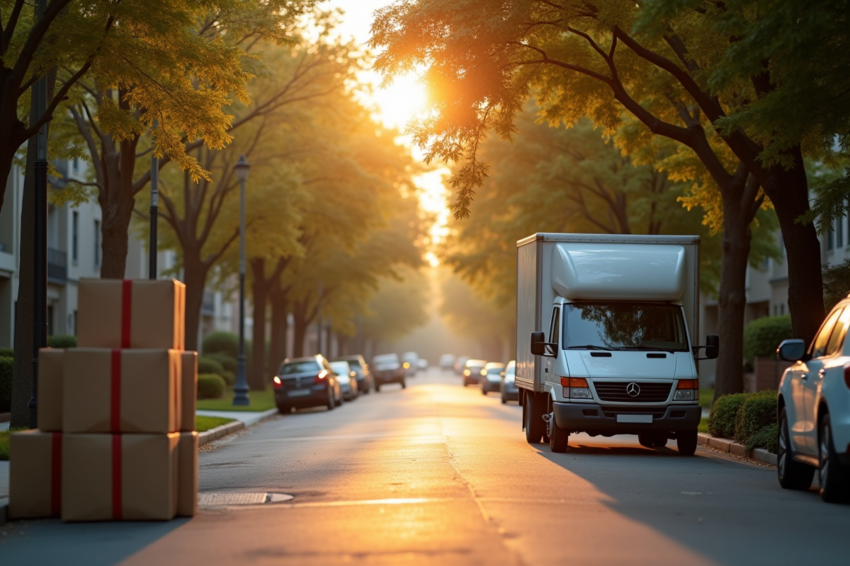 Rue tranquille avec camion de déménagement et cartons au matin