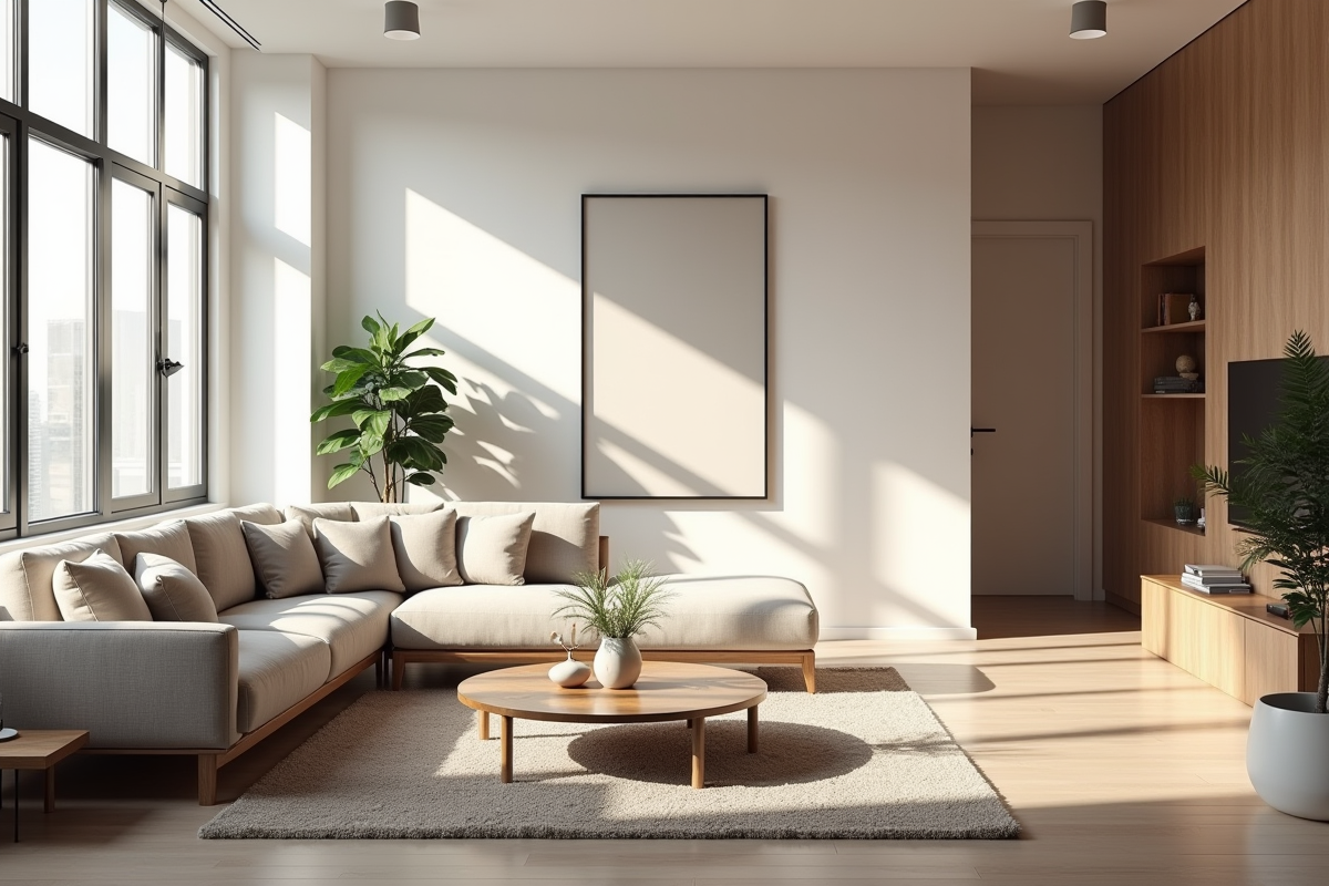 Salon lumineux avec grandes fenêtres et décoration minimaliste