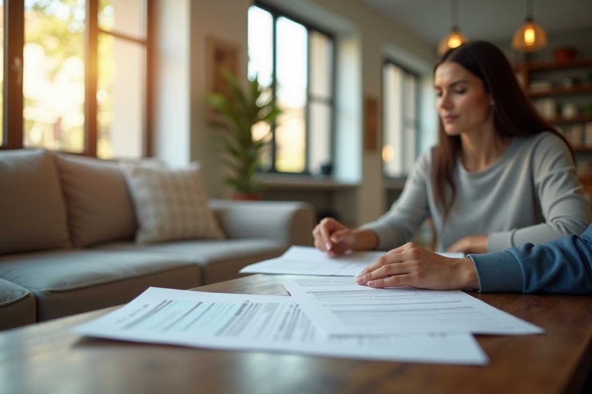 Salon moderne lumineux avec documents d'assurance sur la table