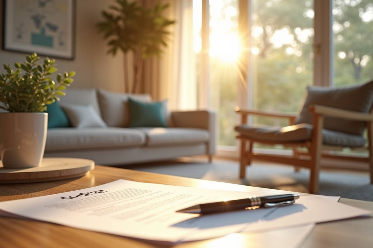 Salon lumineux dans une location de vacances moderne avec documents