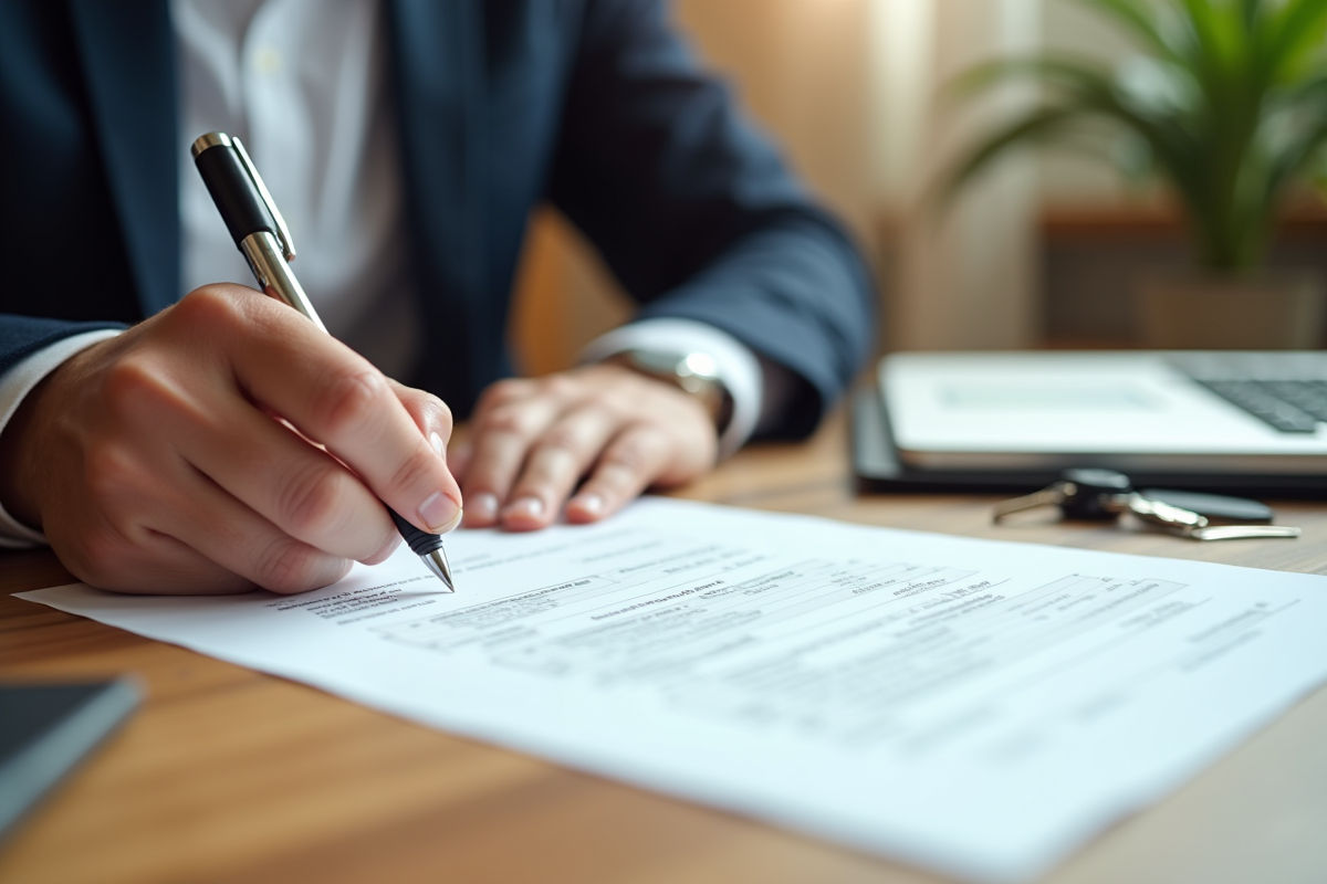 Main signant un contrat de location avec clés sur une table en bois