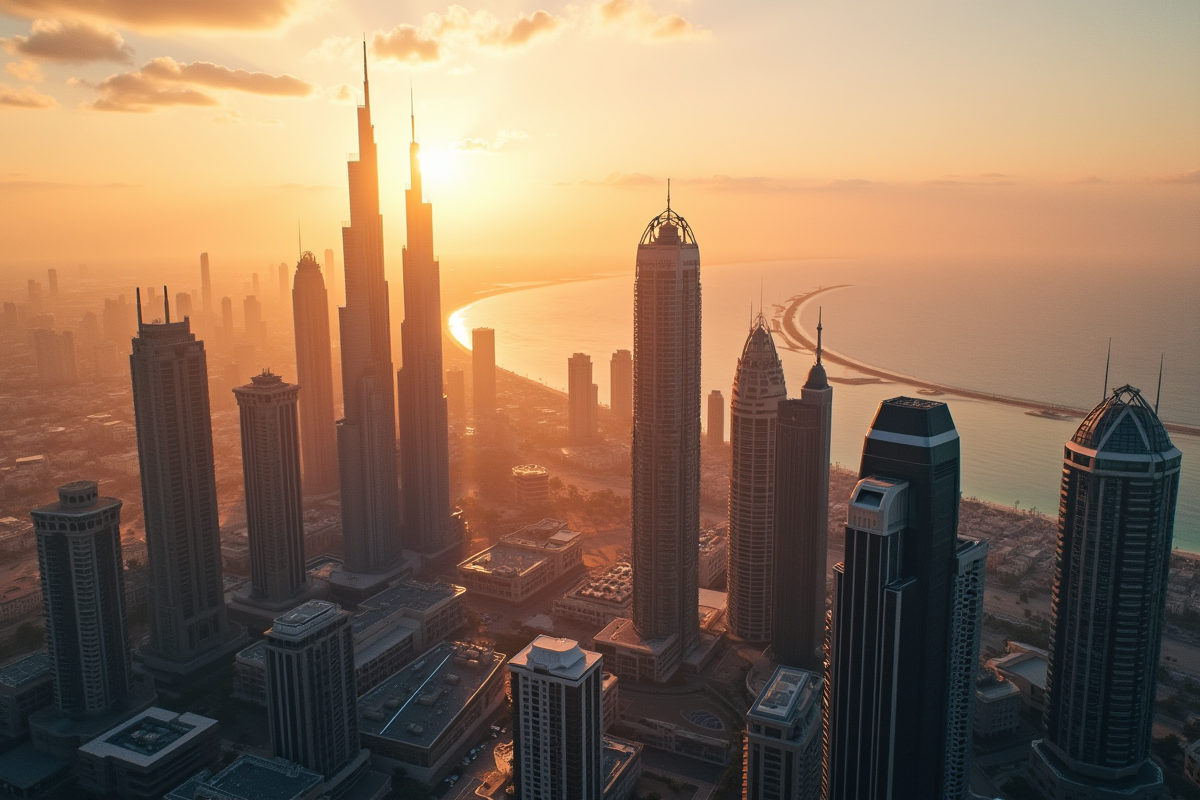 Vue du skyline de Dubaï au coucher du soleil avec Palm Jumeirah