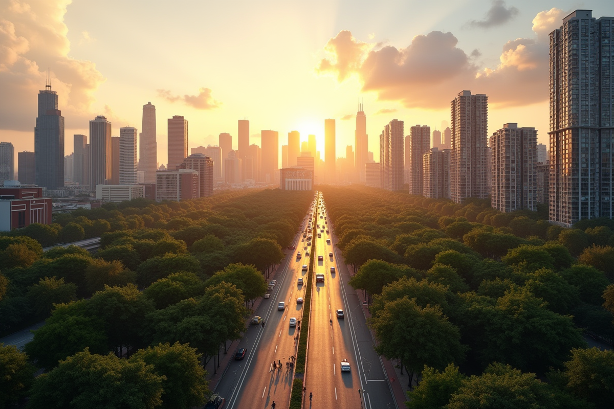 Vue d'une skyline urbaine moderne au coucher du soleil avec bâtiments historiques et parcs