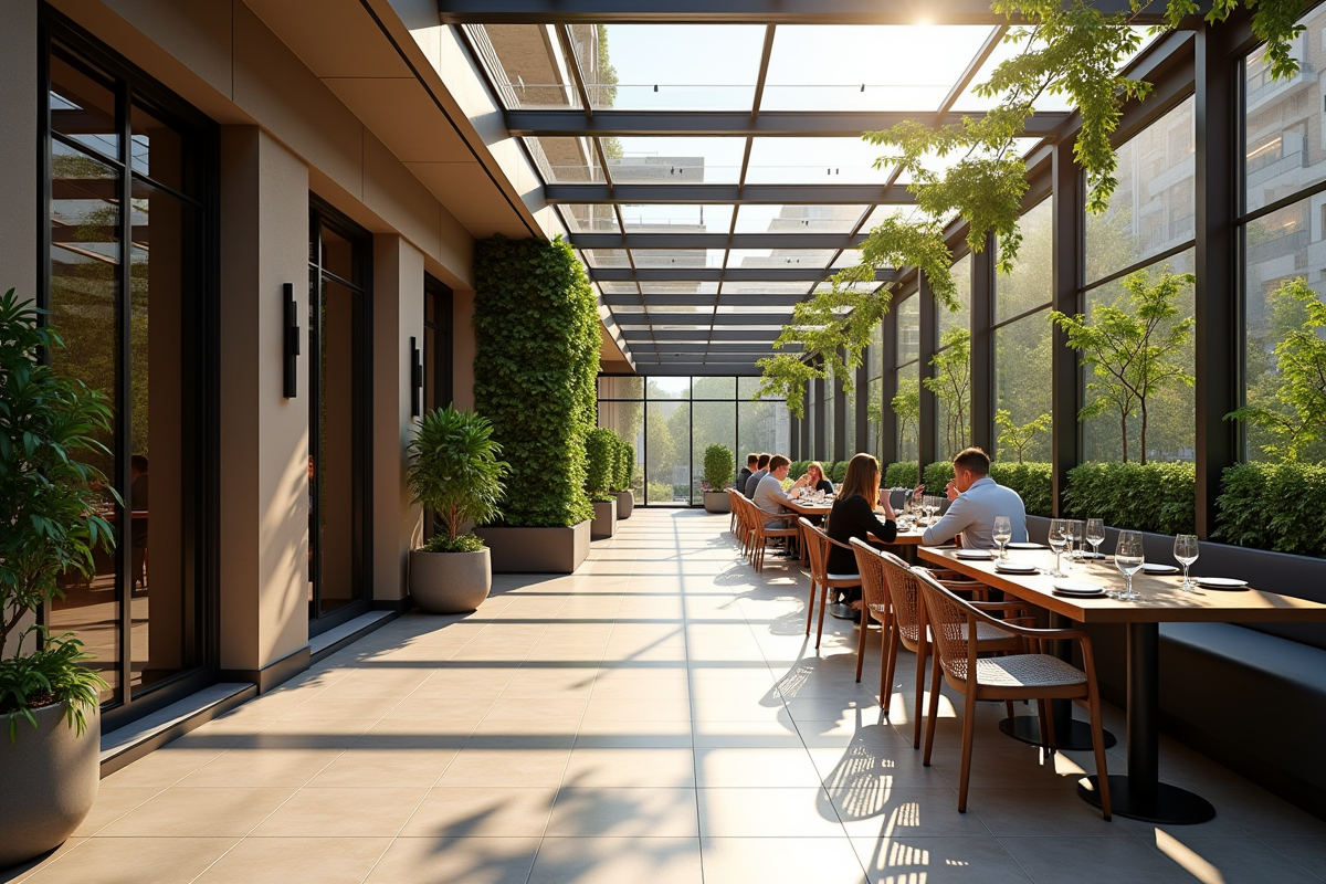 Terrasse urbaine moderne avec toit en verre et espace repas extérieur