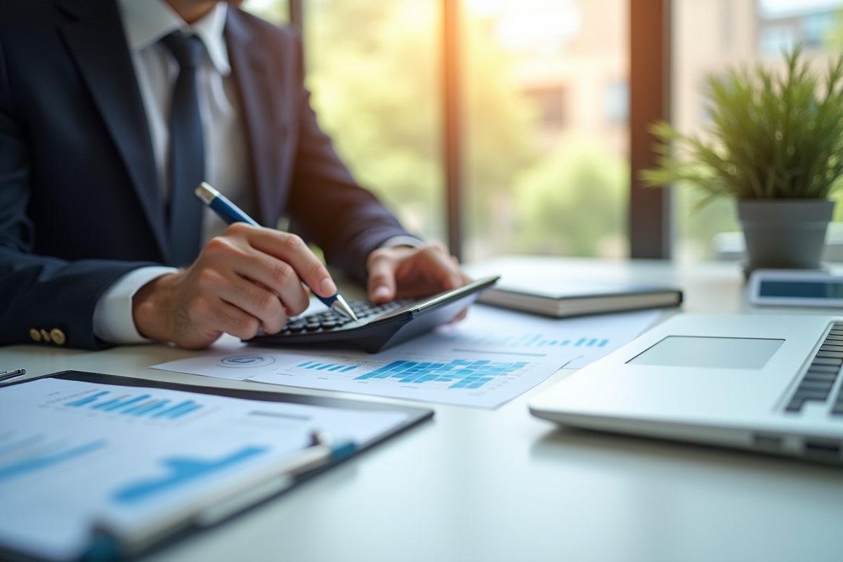 Professionnel travaillant avec documents financiers et calculatrice