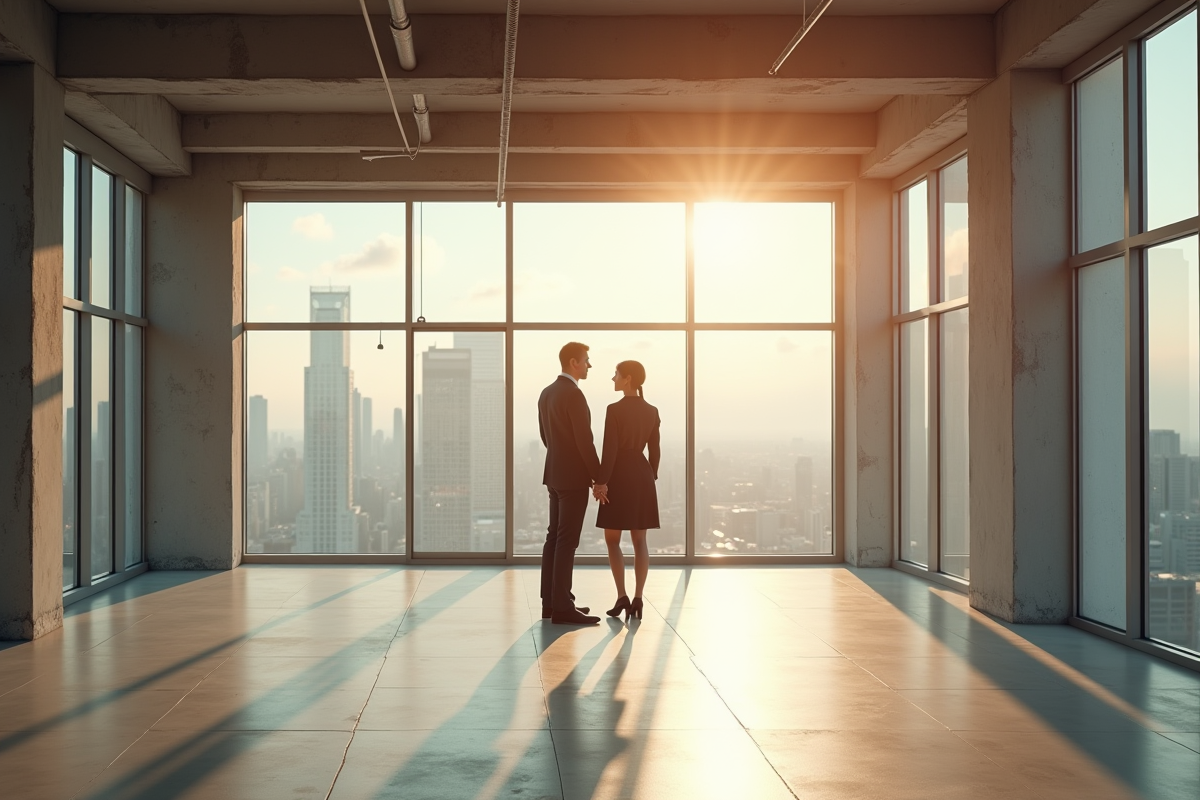 Agent immobilier et couple dans un loft lumineux vide