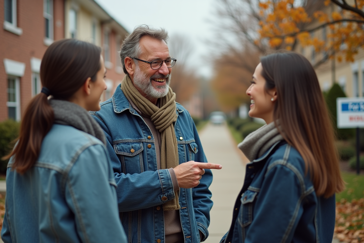 Homme et couple discutant devant maison en banlieue