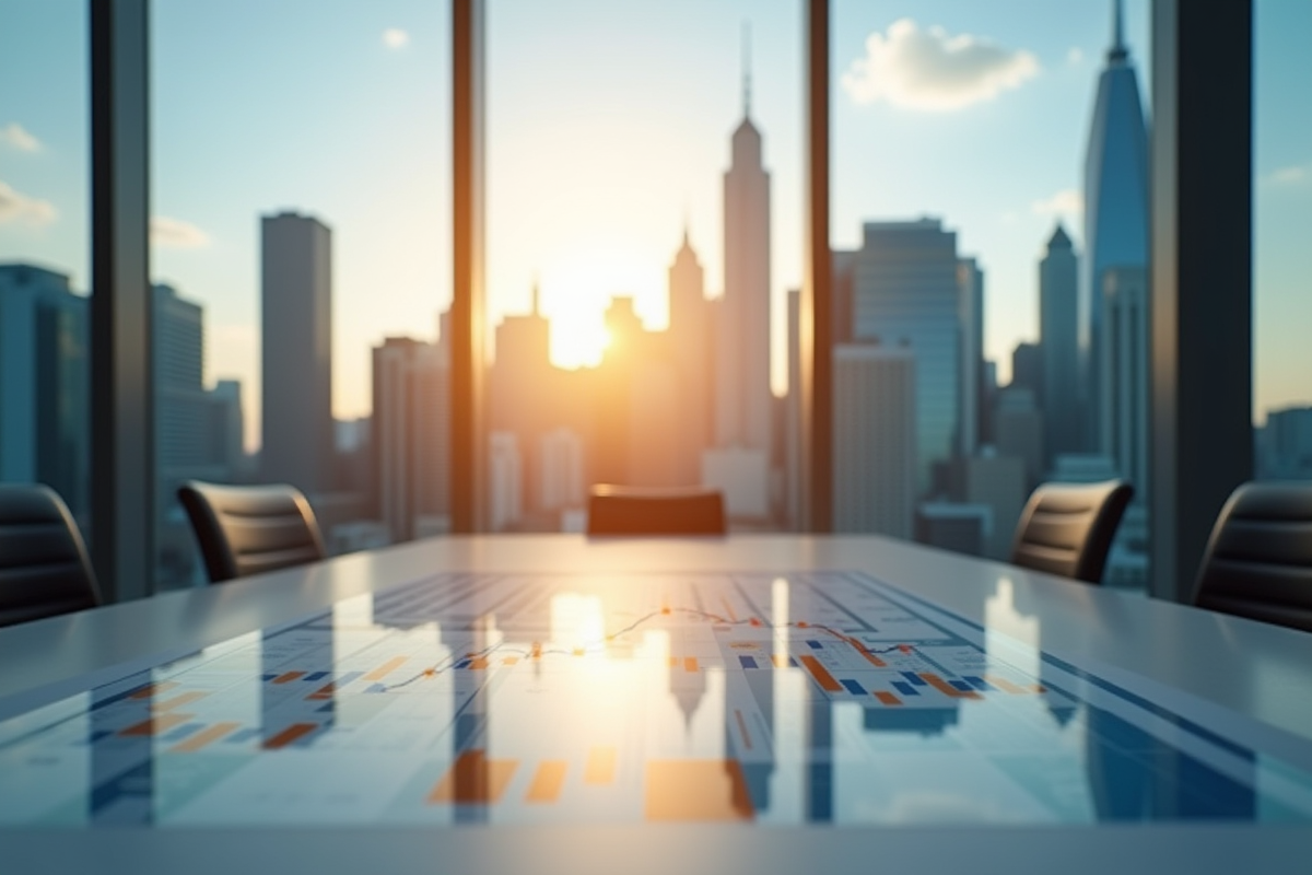 Vue de la ville avec gratte-ciel et graphique financier en intérieur